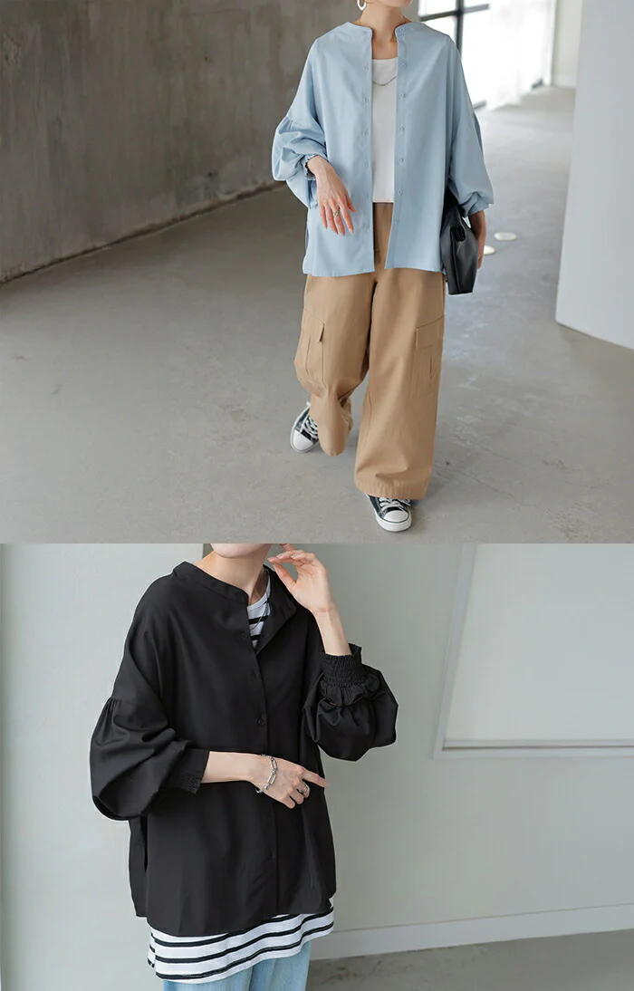 シャツ レディース ノーカラー トップス ストレッチ バンドカラー ブラウス ロング ロングシャツ チュニック スリット 長袖 無地 羽織 ライトアウター きれいめ すっきり オーバーサイズ 大きいサイズ 体型カバー お尻が隠れる 黒 白 春 夏 HUG.U メール便 - Image 7