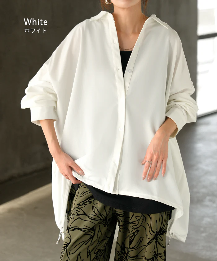 シャツ チュニック ロング レディース トップス ロングシャツ ブラウス ロングブラウス Vネック 長袖 無地 ドロスト ゆったり シンプル 大きいサイズ 体型カバー 前開き お尻が隠れる きれいめ 通勤 オフィスカジュアル 上品 黒 白 春 夏 HUG.U - Image 17