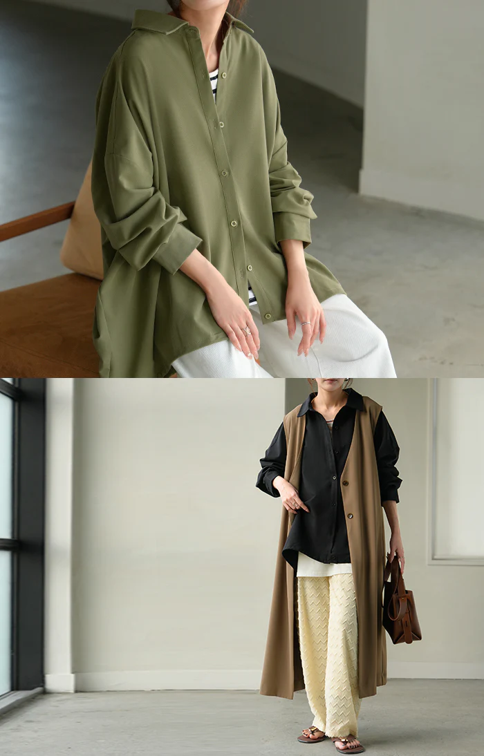 シャツ チュニック ロング レディース トップス ロングシャツ ブラウス ロングブラウス Vネック 長袖 無地 ドロスト ゆったり シンプル 大きいサイズ 体型カバー 前開き お尻が隠れる きれいめ 通勤 オフィスカジュアル 上品 黒 白 春 夏 HUG.U - Image 7