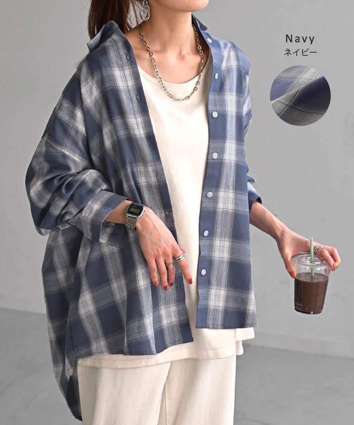 シャツ チェック柄 レディース トップス チェック ■一部7月上旬入荷 チェックシャツ チェック柄シャツ 柄 ロング ブラウス ロングシャツ チュニック 長袖 薄手 羽織 ライトアウター ゆったり カジュアル 大きいサイズ 体型カバー お尻が隠れる 青 黒 春 夏 HUG.U - Image 15