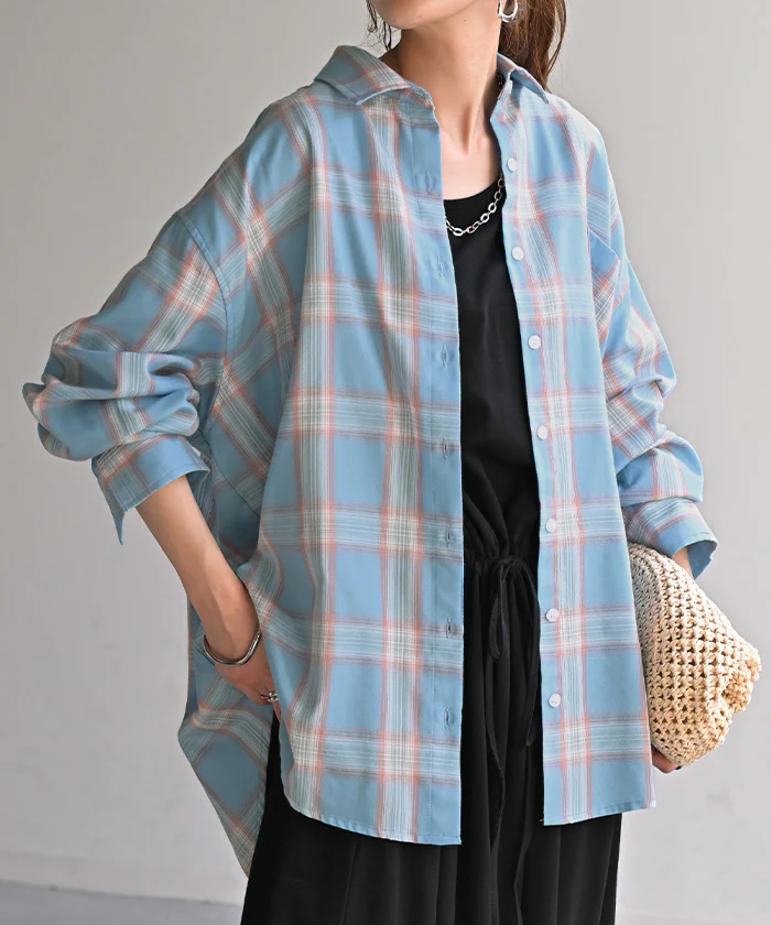 シャツ チェック柄 レディース トップス チェック ■一部7月上旬入荷 チェックシャツ チェック柄シャツ 柄 ロング ブラウス ロングシャツ チュニック 長袖 薄手 羽織 ライトアウター ゆったり カジュアル 大きいサイズ 体型カバー お尻が隠れる 青 黒 春 夏 HUG.U - Image 26