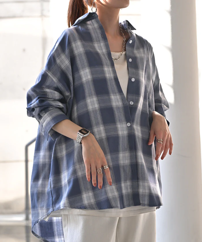 シャツ チェック柄 レディース トップス チェック ■一部7月上旬入荷 チェックシャツ チェック柄シャツ 柄 ロング ブラウス ロングシャツ チュニック 長袖 薄手 羽織 ライトアウター ゆったり カジュアル 大きいサイズ 体型カバー お尻が隠れる 青 黒 春 夏 HUG.U - Image 27