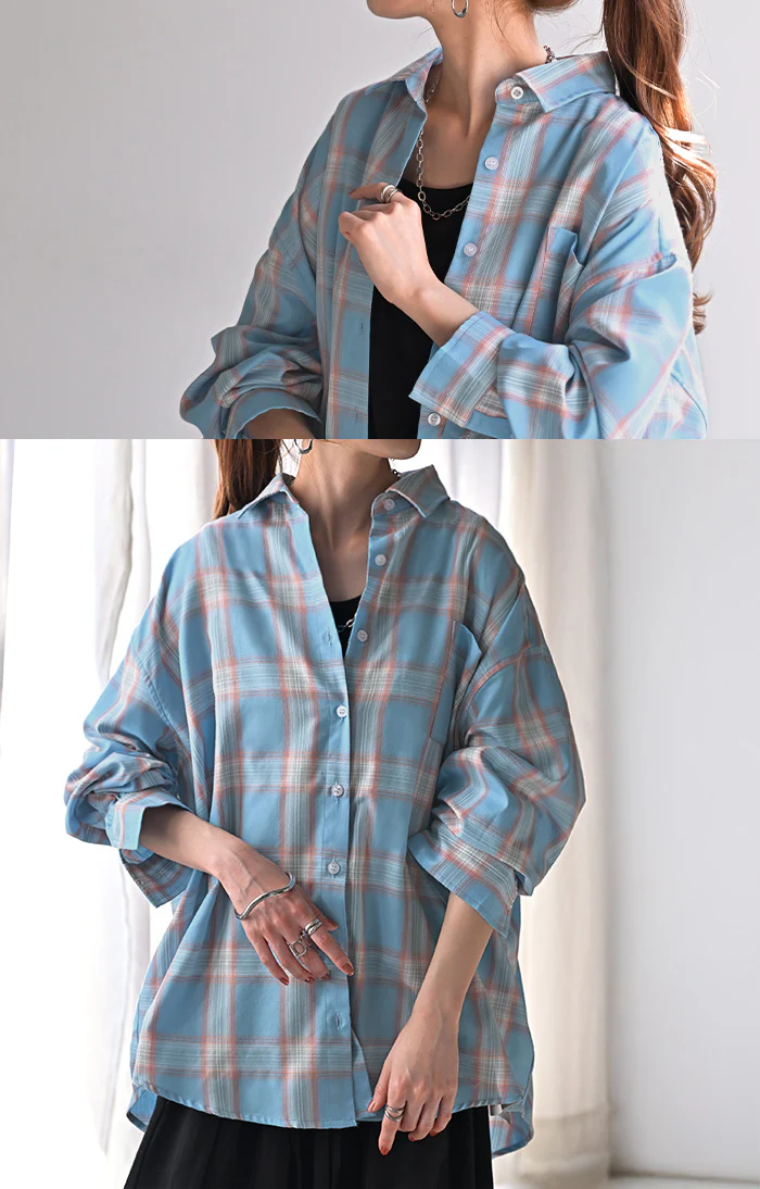 シャツ チェック柄 レディース トップス チェック ■一部7月上旬入荷 チェックシャツ チェック柄シャツ 柄 ロング ブラウス ロングシャツ チュニック 長袖 薄手 羽織 ライトアウター ゆったり カジュアル 大きいサイズ 体型カバー お尻が隠れる 青 黒 春 夏 HUG.U - Image 9
