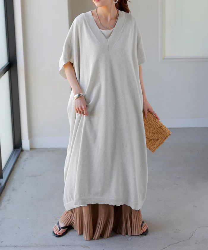 【夏セール】 ワンピース サマーニット 深V ニット ワンピ セーター ■一部7月中旬入荷 レディース ニットワンピース ニットワンピ ロング ロングワンピース 半袖 マキシ シンプル Vネック ドルマン ドルマンスリーブ 無地 大きいサイズ 体型カバー きれいめ 黒 白 春 夏 HUG.U - Image 31