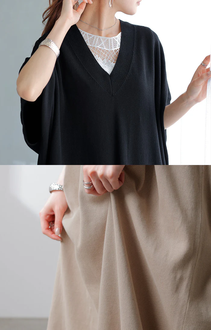 【夏セール】 ワンピース サマーニット 深V ニット ワンピ セーター ■一部7月中旬入荷 レディース ニットワンピース ニットワンピ ロング ロングワンピース 半袖 マキシ シンプル Vネック ドルマン ドルマンスリーブ 無地 大きいサイズ 体型カバー きれいめ 黒 白 春 夏 HUG.U - Image 9
