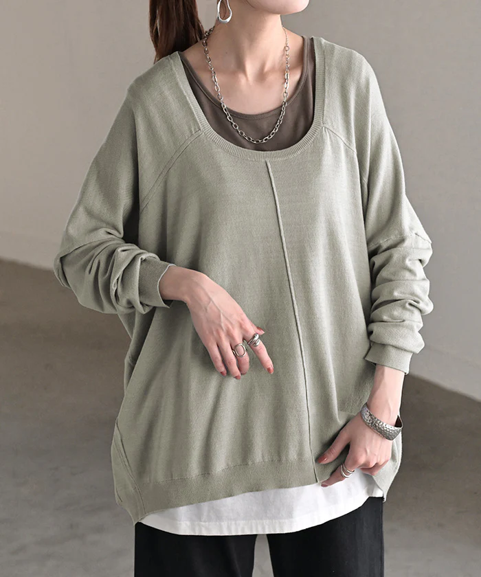 【特別価格】 ニット ロング シルク 混 レディース トップス セーター チクチクしない プルオーバー 重ね着 長袖 長い クルーネック リブ チュニック ゆったり 体型カバー 大きいサイズ お尻が隠れる レイヤード 二の腕カバー カジュアル 黒 白 春 夏 HUG.U - Image 27