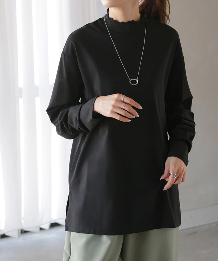 ロンT 選べる ネック インナー トップス レディース 長袖 Tシャツ カットソー ロング タートルネック ハイネック クルーネック Vネック チュニック ビッグ レイヤード 無地 体型カバー お尻が隠れる 大きいサイズ おしゃれ 白 黒 春 夏 HUG.U メール便 - Image 26