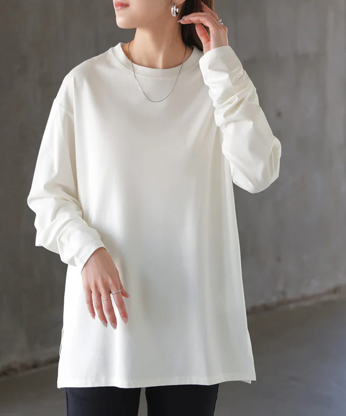 ロンT 選べる ネック インナー トップス レディース 長袖 Tシャツ カットソー ロング タートルネック ハイネック クルーネック Vネック チュニック ビッグ レイヤード 無地 体型カバー お尻が隠れる 大きいサイズ おしゃれ 白 黒 春 夏 HUG.U メール便 - Image 7