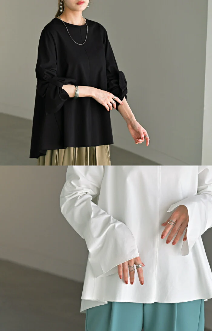 ロンT レディース ブラウス トップス 長袖 Tシャツ カットソー ロング フレア袖 ティーシャツ チュニック ビッグ プラスサイズ クルーネック 長い ドルマン ゆったり 無地 体型カバー お尻が隠れる 大きいサイズ おしゃれ 白 黒 春 夏 HUG.U メール便 - Image 13