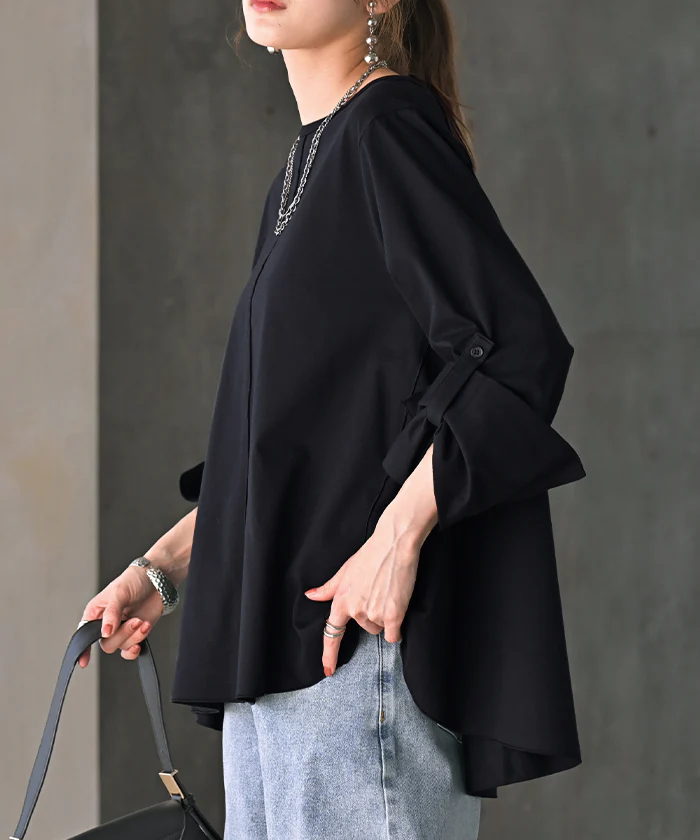ロンT レディース ブラウス トップス 長袖 Tシャツ カットソー ロング フレア袖 ティーシャツ チュニック ビッグ プラスサイズ クルーネック 長い ドルマン ゆったり 無地 体型カバー お尻が隠れる 大きいサイズ おしゃれ 白 黒 春 夏 HUG.U メール便 - Image 27