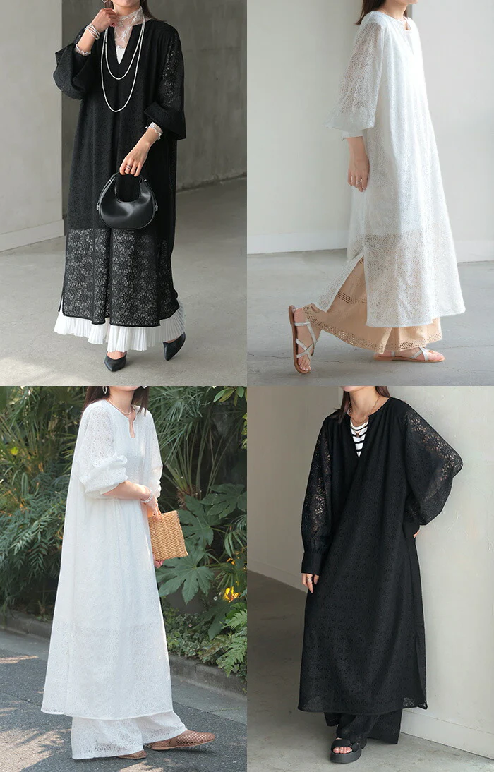 ワンピース 総 レース ロング 長袖 ワンピ 花柄 ダイヤ 透かし編み 透け レディース キーネック 別売り セットアップ 可能 ロングワンピース 裏地 長袖 マキシ マキシワンピース ワンピ ロングワンピ 体型カバー 大きいサイズ無地 黒 白 春 夏 HUG.U - Image 21
