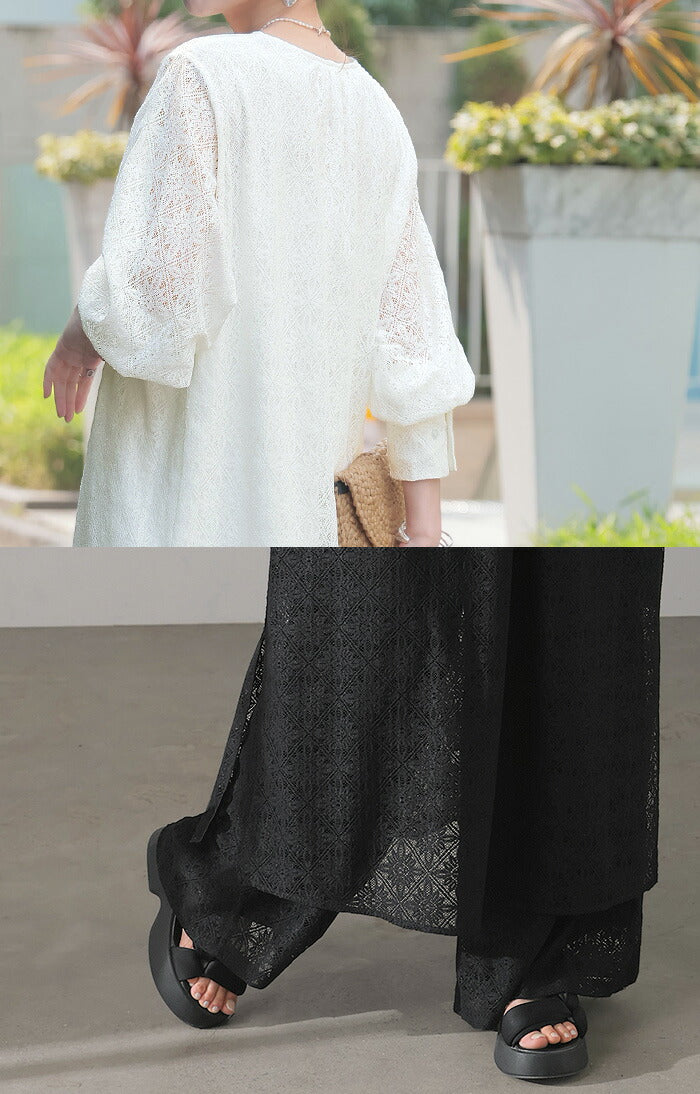 ワンピース 総 レース ロング 長袖 ワンピ 花柄 ダイヤ 透かし編み 透け レディース キーネック 別売り セットアップ 可能 ロングワンピース 裏地 長袖 マキシ マキシワンピース ワンピ ロングワンピ 体型カバー 大きいサイズ無地 黒 白 春 夏 HUG.U - Image 8