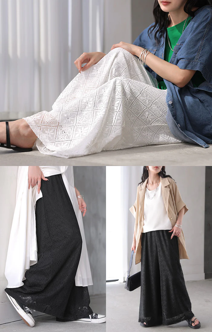 パンツ ワイド 総 レース レディース ワイドパンツ ロング ロングパンツ シアー 透け 別売り セットアップ 可能 体型カバー ボトムス ボトム ストレート シワになりにくい ズボン ゆったり ストレッチ 美脚 大きいサイズ 黒 白 春 夏 HUG.U - Image 17