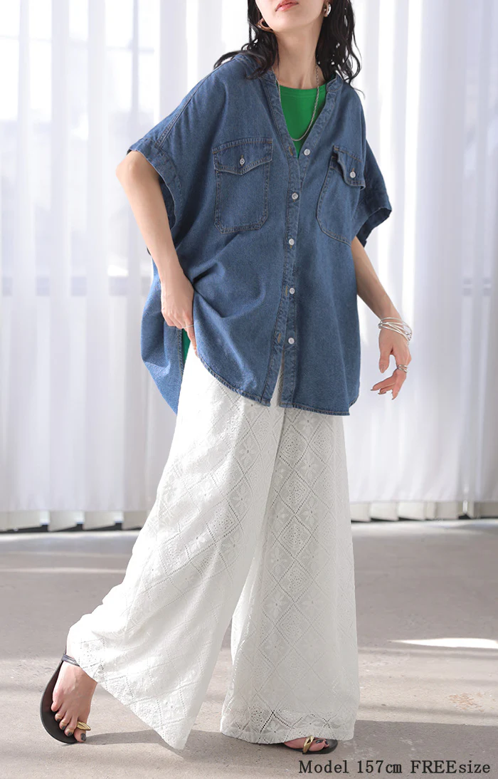 パンツ ワイド 総 レース レディース ワイドパンツ ロング ロングパンツ シアー 透け 別売り セットアップ 可能 体型カバー ボトムス ボトム ストレート シワになりにくい ズボン ゆったり ストレッチ 美脚 大きいサイズ 黒 白 春 夏 HUG.U - Image 21