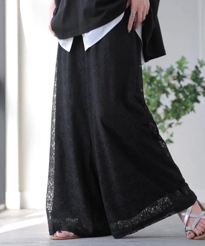 パンツ ワイド 総 レース レディース ワイドパンツ ロング ロングパンツ シアー 透け 別売り セットアップ 可能 体型カバー ボトムス ボトム ストレート シワになりにくい ズボン ゆったり ストレッチ 美脚 大きいサイズ 黒 白 春 夏 HUG.U - Image 26