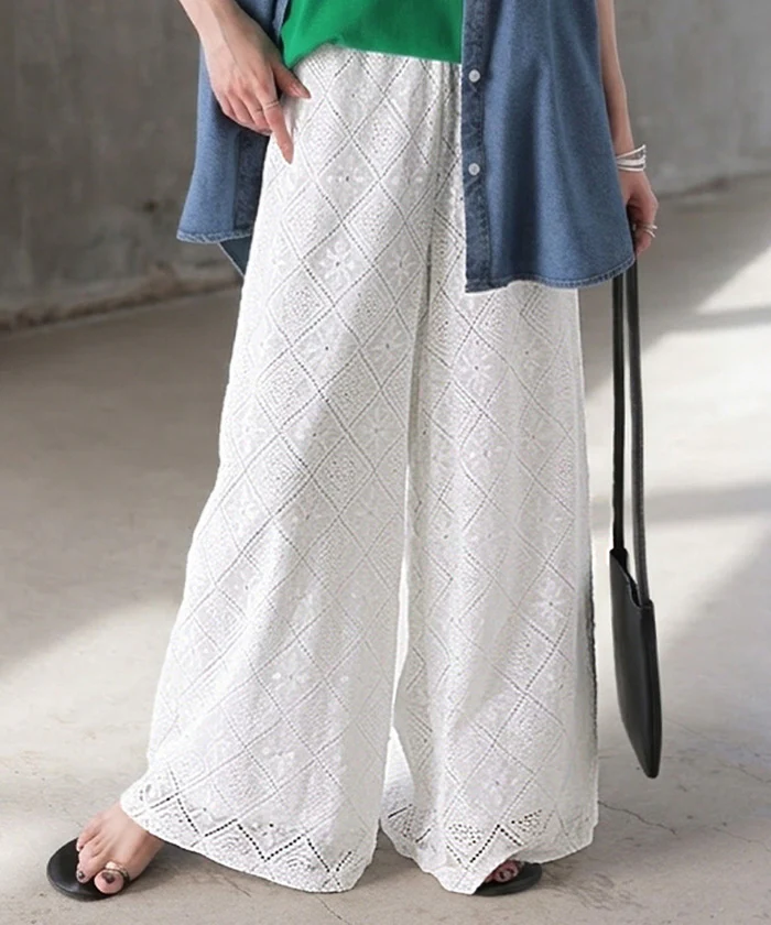 パンツ ワイド 総 レース レディース ワイドパンツ ロング ロングパンツ シアー 透け 別売り セットアップ 可能 体型カバー ボトムス ボトム ストレート シワになりにくい ズボン ゆったり ストレッチ 美脚 大きいサイズ 黒 白 春 夏 HUG.U - Image 27