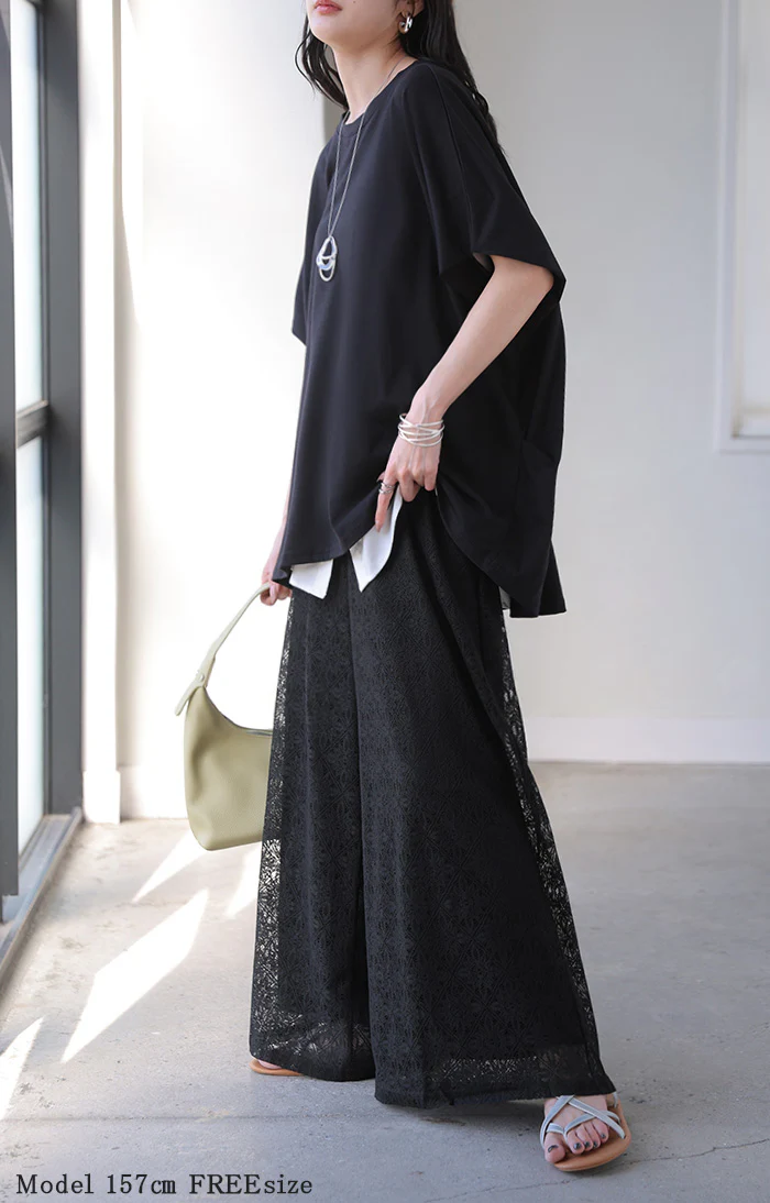 パンツ ワイド 総 レース レディース ワイドパンツ ロング ロングパンツ シアー 透け 別売り セットアップ 可能 体型カバー ボトムス ボトム ストレート シワになりにくい ズボン ゆったり ストレッチ 美脚 大きいサイズ 黒 白 春 夏 HUG.U - Image 4