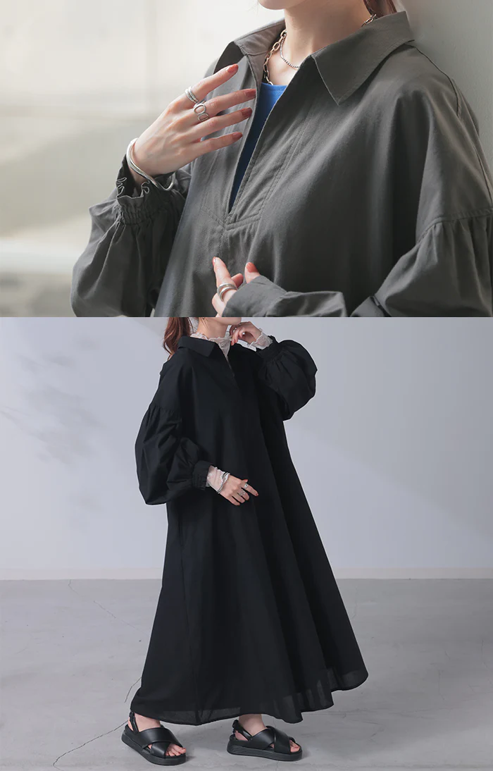 【夏セール】 ワンピース 接触冷感 スキッパー ロング ロングワンピース ■一部7月中旬入荷 シャツワンピース シャツワンピ レディース 長袖 ノーカラー ドルマン 無地 シャツ ポケット ワンピ マキシ フレア Aライン レイヤード ゆったり おしゃれ 体型カバー 大きいサイズ 白 黒 春 夏 - Image 9