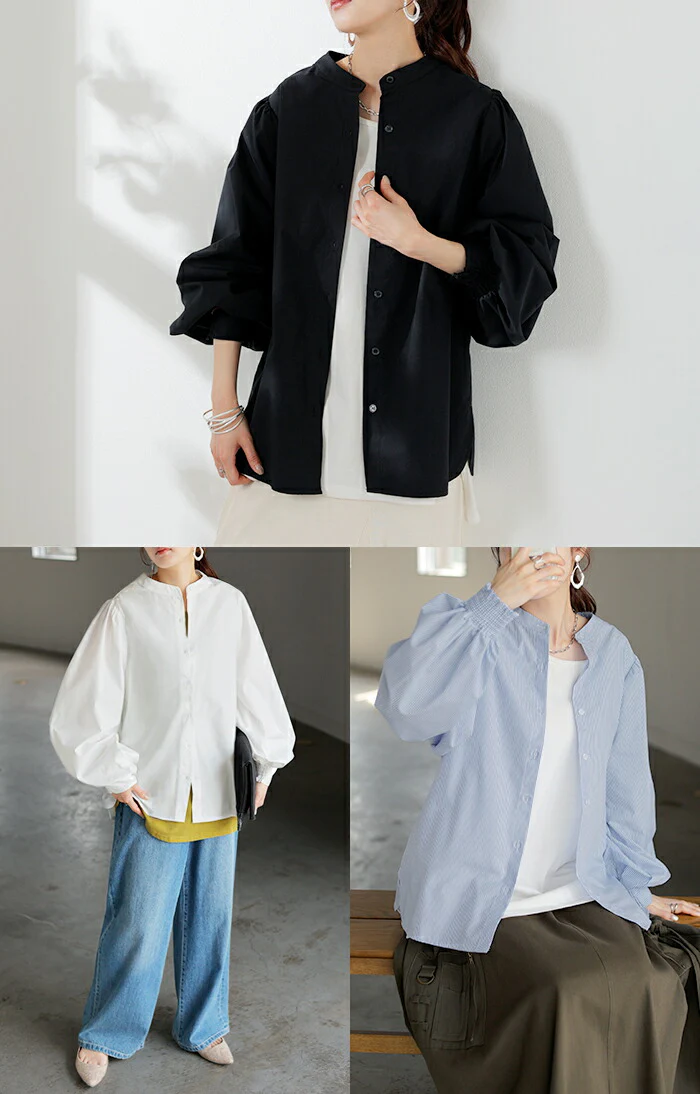 シャツ レディース ストライプ 無地 ノーカラー トップス 刺繍 バンドカラー ブラウス ロング ロングシャツ チュニック 長袖 羽織 ライトアウター ボリュームスリーブ ワンポイント きれいめ ゆったり 大きいサイズ 体型カバー 黒 青 春 夏 HUG.U - Image 23
