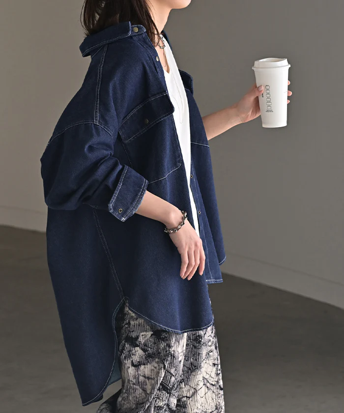 シャツ デニム デニムシャツ レディース トップス ロング ロングシャツ 長袖 無地 羽織 綿100% ヴィンテージ ライトアウター Gジャン デニムジャケット ジャケット ゆったり 大きいサイズ 体型カバー お尻が隠れる ブルー ネイビー 春 夏 HUG.U - Image 28