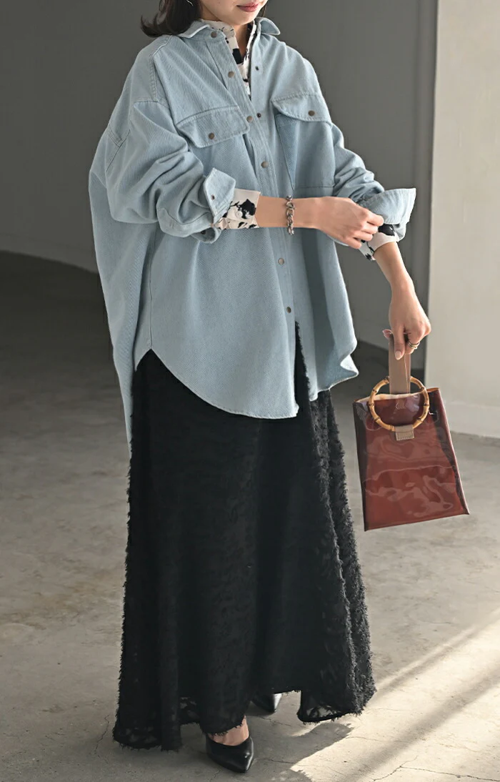 シャツ デニム デニムシャツ レディース トップス ロング ロングシャツ 長袖 無地 羽織 綿100% ヴィンテージ ライトアウター Gジャン デニムジャケット ジャケット ゆったり 大きいサイズ 体型カバー お尻が隠れる ブルー ネイビー 春 夏 HUG.U - Image 9