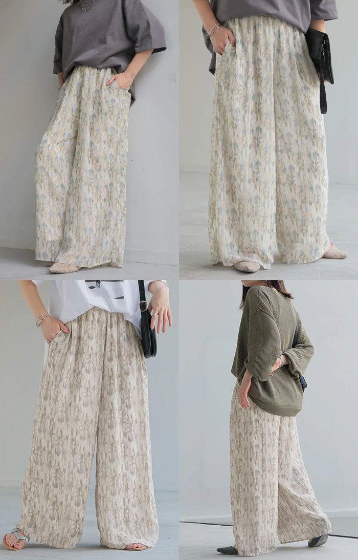 パンツ 柄 ワイド シフォン レディース 総柄 ペイント ワイドパンツ ロング ロングパンツ シフォンパンツ 体型カバー ボトムス ボトム ストレート ズボン ゆったり ハイウエスト 美脚 ゴム 大きいサイズ おしゃれ 水彩画 ブルー 青 春 夏 HUG.U - Image 21