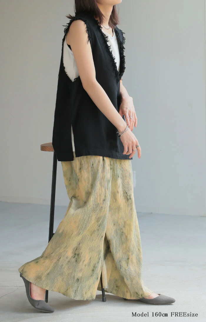パンツ 柄 ワイド レディース 総柄 ペイント ワイドパンツ ロング ロングパンツ プリーツパンツ プリーツ 体型カバー ボトムス ボトム ストレート ズボン ゆったり ハイウエスト ゴム 大きいサイズ おしゃれ 水彩画 グリーン 黄色 春 夏 HUG.U - Image 11