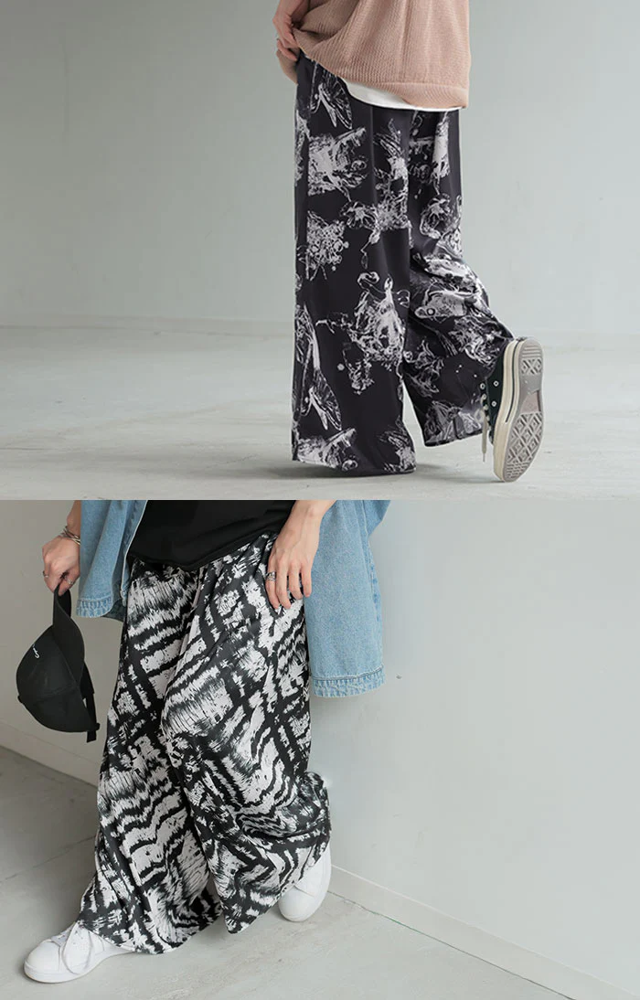 パンツ 柄 ワイドパンツ レディース 総柄 アート ワイド ロング ロングパンツ 体型カバー ボトムス ボトム ストレート ズボン ゆったり ハイウエスト 美脚 ゴム 軽量 薄手 大きいサイズ おしゃれ 幾何学 ペイント 水彩画 ネイビー 黒 春 夏 HUG.U メール便 - Image 11