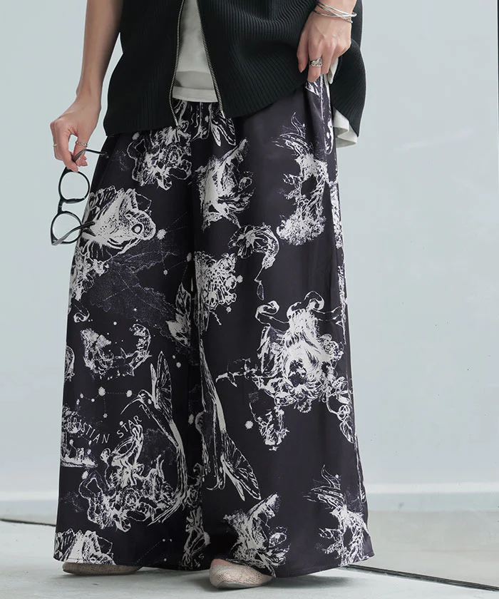 パンツ 柄 ワイドパンツ レディース 総柄 アート ワイド ロング ロングパンツ 体型カバー ボトムス ボトム ストレート ズボン ゆったり ハイウエスト 美脚 ゴム 軽量 薄手 大きいサイズ おしゃれ 幾何学 ペイント 水彩画 ネイビー 黒 春 夏 HUG.U メール便 - Image 26