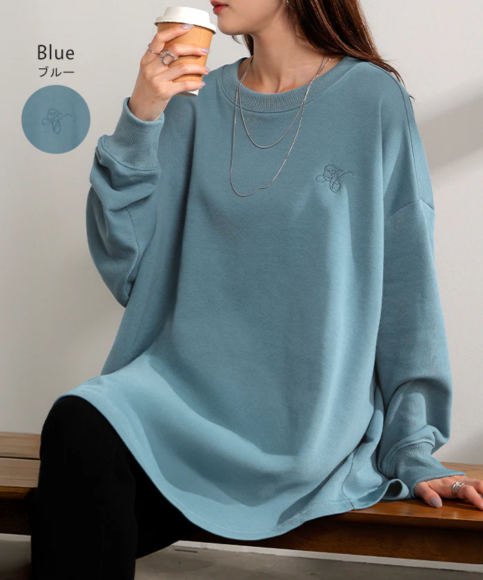 ロンT ロゴ 刺繍 レディース トップス Tシャツ ロング スウェット トレーナー オーバー プルオーバー ワンポイント 長袖 ドルマン クルーネック オーバーサイズ ゆったり 体型カバー 大きいサイズ お尻が隠れる カジュアル 黒 グレー 秋 夏 HUG.U - Image 10
