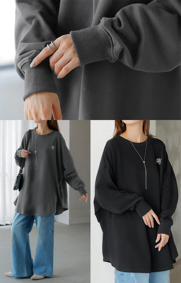 ロンT ロゴ 刺繍 レディース トップス Tシャツ ロング スウェット トレーナー オーバー プルオーバー ワンポイント 長袖 ドルマン クルーネック オーバーサイズ ゆったり 体型カバー 大きいサイズ お尻が隠れる カジュアル 黒 グレー 秋 夏 HUG.U - Image 20