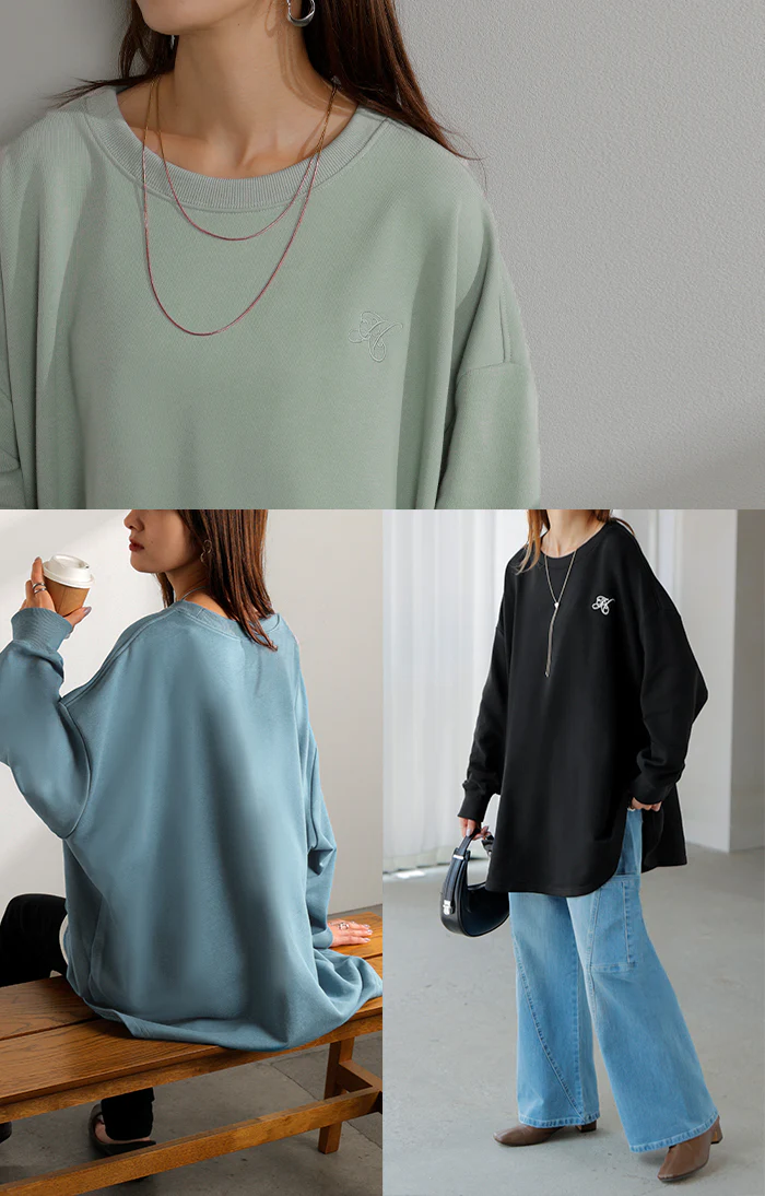 ロンT ロゴ 刺繍 レディース トップス Tシャツ ロング スウェット トレーナー オーバー プルオーバー ワンポイント 長袖 ドルマン クルーネック オーバーサイズ ゆったり 体型カバー 大きいサイズ お尻が隠れる カジュアル 黒 グレー 秋 夏 HUG.U - Image 6