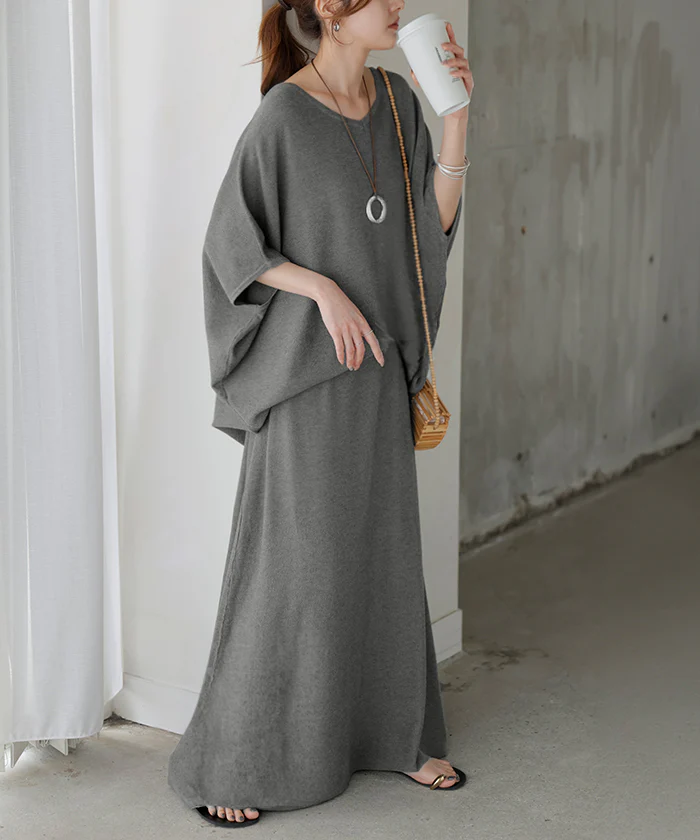 2点セット『 ニットT×スカート 』 鹿のこ ■一部7月下旬入荷 チクチクしない 鹿の子 ニット Tシャツ セットアップ トップス チュニック 半袖 Vネック ニットスカート ロング ロングスカート Aライン レディース 体型カバー きれいめ 黒 グレージュ 春 夏 HUG.U - Image 32