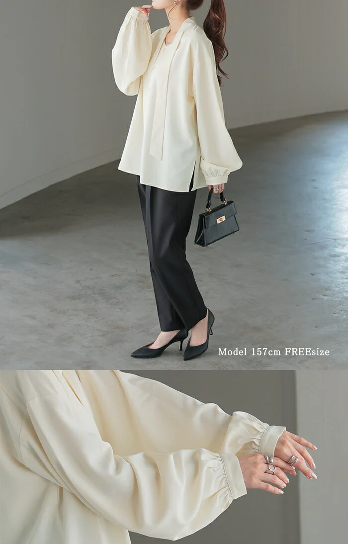 ブラウス レディース ボウタイ トップス シャツ ロング ロングシャツ チュニック 長袖 無地 リボン ボリュームスリーブ きれいめ ゆったり 大きいサイズ 体型カバー オフィスカジュアル セミフォーマル 入学式 卒業式 黒 白 春 夏 HUG.U メール便 - Image 17