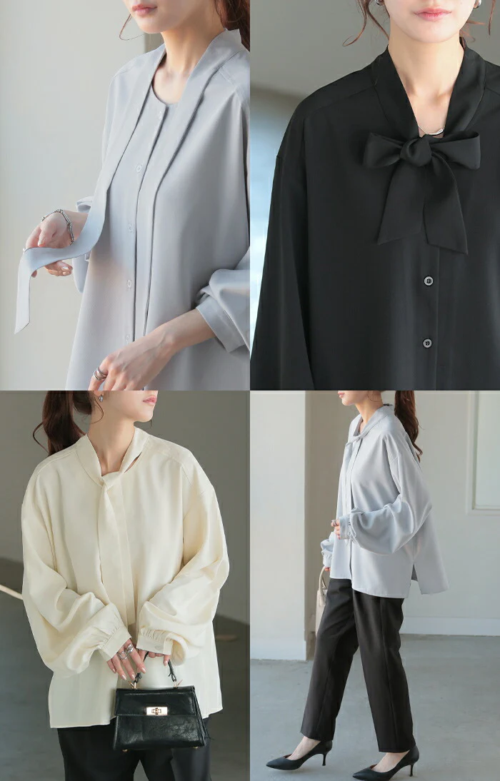 ブラウス レディース ボウタイ トップス シャツ ロング ロングシャツ チュニック 長袖 無地 リボン ボリュームスリーブ きれいめ ゆったり 大きいサイズ 体型カバー オフィスカジュアル セミフォーマル 入学式 卒業式 黒 白 春 夏 HUG.U メール便 - Image 21