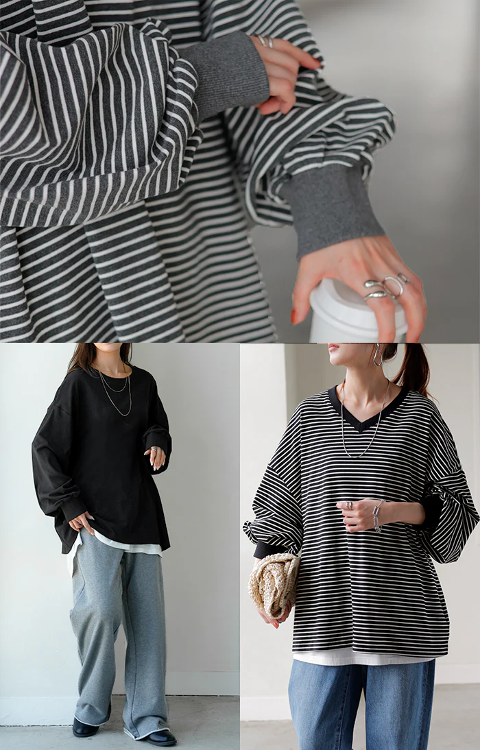 ロンT 「選べるネック。」 ボーダー トップス レディース 長袖 Tシャツ カットソー ロング ティーシャツ チュニック ビッグ Vネック クルーネック 長い ドルマン ゆったり 無地 体型カバー お尻が隠れる 大きいサイズ おしゃれ 赤 黒 春 夏 HUG.U - Image 10