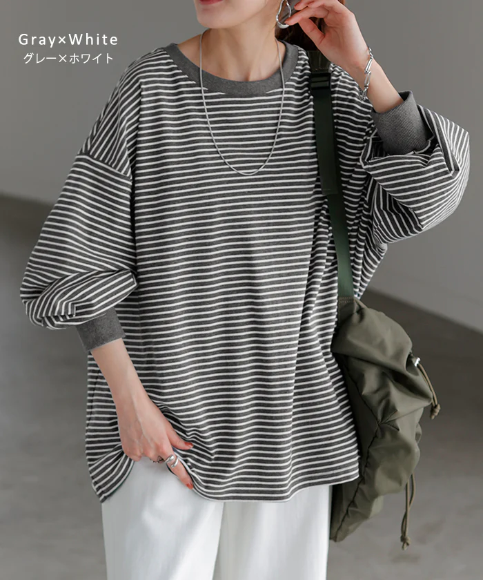 ロンT 「選べるネック。」 ボーダー トップス レディース 長袖 Tシャツ カットソー ロング ティーシャツ チュニック ビッグ Vネック クルーネック 長い ドルマン ゆったり 無地 体型カバー お尻が隠れる 大きいサイズ おしゃれ 赤 黒 春 夏 HUG.U - Image 22
