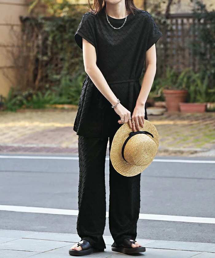 【夏セール】 セットアップ パンツ レース 2点セット レディース トップス ボトムス 半袖 総柄 チュニック フリンジ ロング ロングパンツ ゴム お尻が隠れる Ｔシャツ クルーネック ゆったり 体型カバー 大きいサイズ カジュアル 黒 ベージュ 春 夏 HUG.U - Image 14