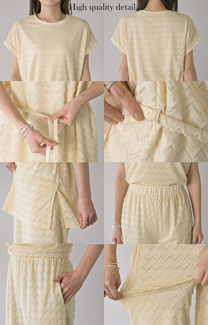 【夏セール】 セットアップ パンツ レース 2点セット レディース トップス ボトムス 半袖 総柄 チュニック フリンジ ロング ロングパンツ ゴム お尻が隠れる Ｔシャツ クルーネック ゆったり 体型カバー 大きいサイズ カジュアル 黒 ベージュ 春 夏 HUG.U - Image 16