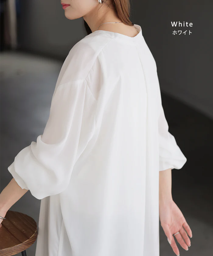 シャツ チュニック ノーカラー レディース ■一部7月下旬入荷 トップス ワンピース バンドカラー ブラウス ロング ロングシャツ Vネック シフォン シワになりにくい レイヤード 重ね着 長袖 無地 きれいめ ゆったり 大きいサイズ 体型カバー お尻が隠れる 黒 白 秋 冬 HUG.U メール便 - Image 12