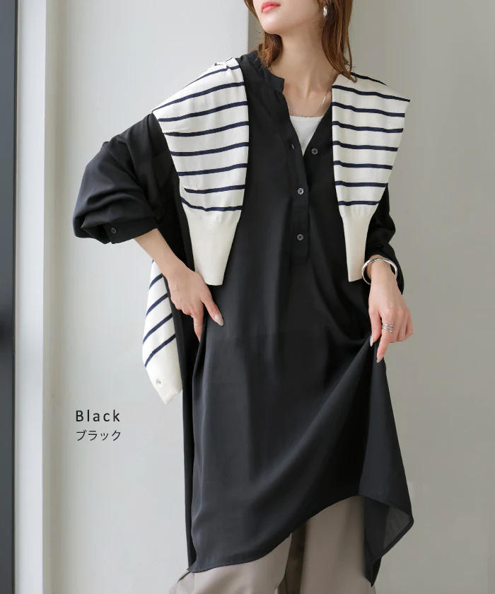 シャツ チュニック ノーカラー レディース ■一部7月下旬入荷 トップス ワンピース バンドカラー ブラウス ロング ロングシャツ Vネック シフォン シワになりにくい レイヤード 重ね着 長袖 無地 きれいめ ゆったり 大きいサイズ 体型カバー お尻が隠れる 黒 白 秋 冬 HUG.U メール便 - Image 14