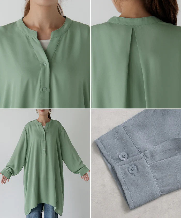 シャツ チュニック ノーカラー レディース ■一部7月下旬入荷 トップス ワンピース バンドカラー ブラウス ロング ロングシャツ Vネック シフォン シワになりにくい レイヤード 重ね着 長袖 無地 きれいめ ゆったり 大きいサイズ 体型カバー お尻が隠れる 黒 白 秋 冬 HUG.U メール便 - Image 23