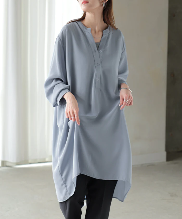 シャツ チュニック ノーカラー レディース ■一部7月下旬入荷 トップス ワンピース バンドカラー ブラウス ロング ロングシャツ Vネック シフォン シワになりにくい レイヤード 重ね着 長袖 無地 きれいめ ゆったり 大きいサイズ 体型カバー お尻が隠れる 黒 白 秋 冬 HUG.U メール便 - Image 27