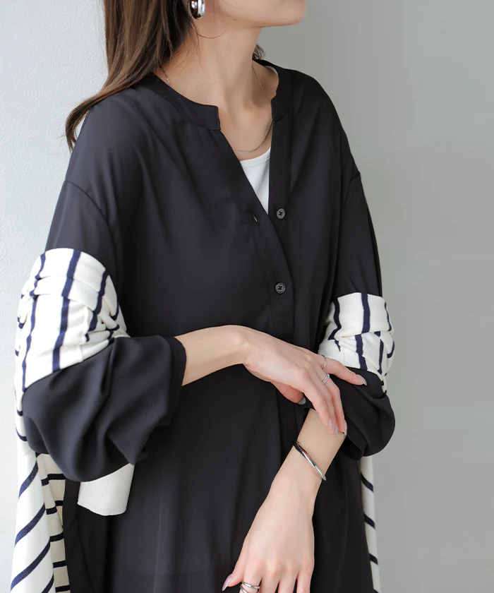 シャツ チュニック ノーカラー レディース ■一部7月下旬入荷 トップス ワンピース バンドカラー ブラウス ロング ロングシャツ Vネック シフォン シワになりにくい レイヤード 重ね着 長袖 無地 きれいめ ゆったり 大きいサイズ 体型カバー お尻が隠れる 黒 白 秋 冬 HUG.U メール便 - Image 3