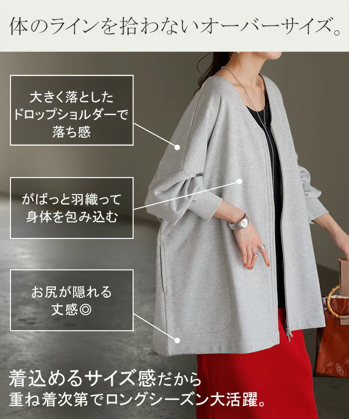 ジャケット スウェット ドルマン アウター レディース ロング 無地 長袖 羽織 Vネック ノーカラー UVカット ストレッチ ライトアウター チュニック オーバーサイズ 大きいサイズ 体型カバー お尻が隠れる Sorona ソロナ 黒 白 春 夏 HUG.U - Image 9