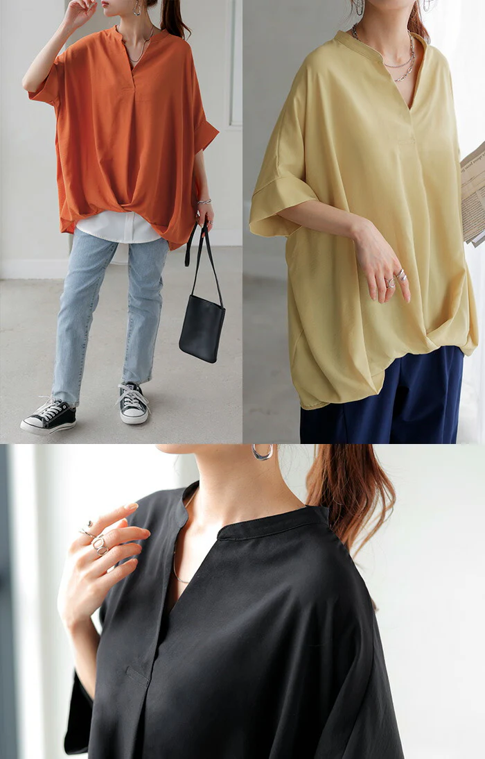 ブラウス キーネック シャツ レディース トップス スキッパー ■一部7月中旬入荷 ロング チュニック 二の腕カバー 半袖 変形シルエット コクーン 無地 きれいめ ドルマン レイヤード ゆったり 大きいサイズ 体型カバー お尻が隠れる 薄手 ブルー 白 黒 春 夏 HUG.U - Image 18