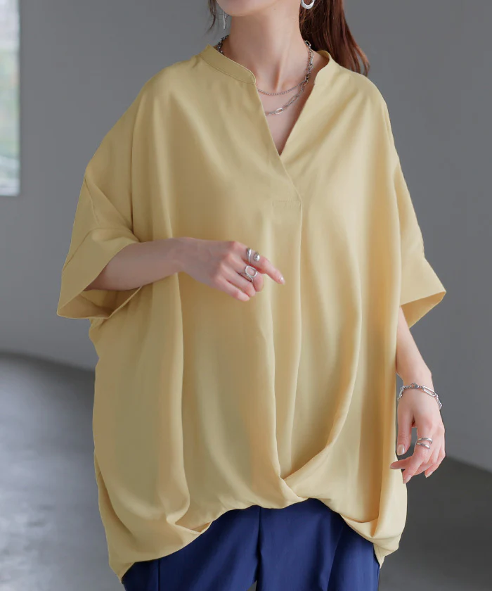 ブラウス キーネック シャツ レディース トップス スキッパー ■一部7月中旬入荷 ロング チュニック 二の腕カバー 半袖 変形シルエット コクーン 無地 きれいめ ドルマン レイヤード ゆったり 大きいサイズ 体型カバー お尻が隠れる 薄手 ブルー 白 黒 春 夏 HUG.U - Image 27