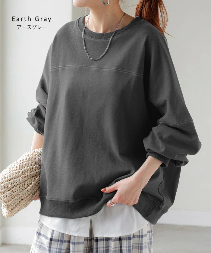 ロンT 配色 ステッチ レディース トップス 長袖 Tシャツ カットソー ロング ティーシャツ ビッグ プラスサイズ クルーネック 長い ドルマン ドルマンスリーブ ゆったり 無地 体型カバー お尻が隠れる 大きいサイズ おしゃれ グリーン 黒 春 夏 HUG.U - Image 15