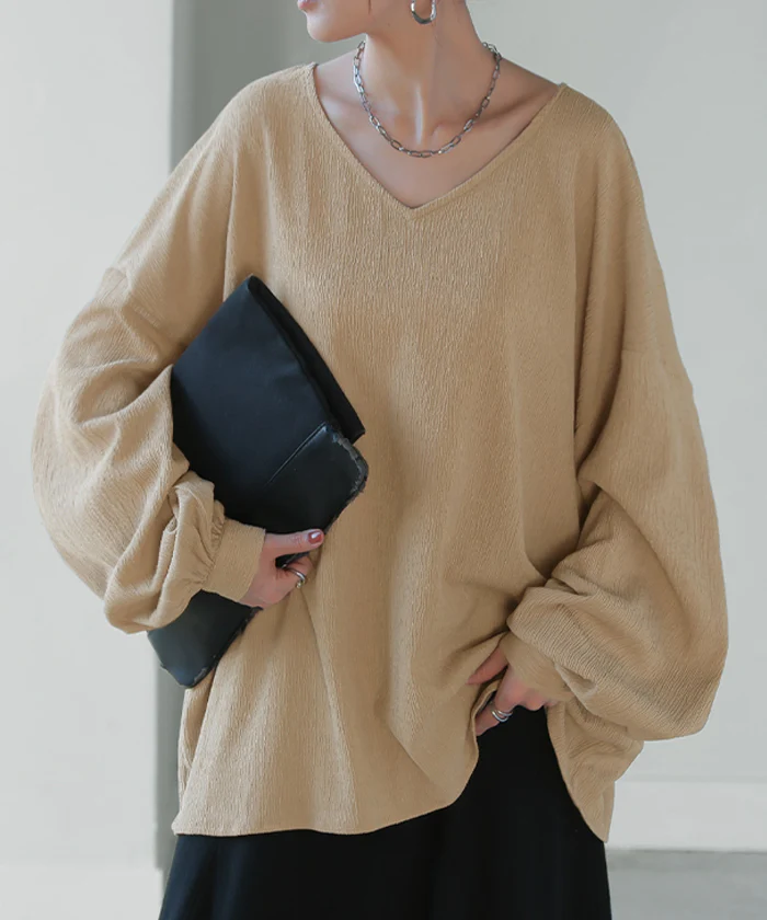 シャツ 楊柳シャツ レディース Ｖネック チュニック トップス ブラウス ロング ロングシャツ チュニック 長袖 無地 ぽわん袖 ドルマンスリーブ きれいめ ゆったり 大きいサイズ 体型カバー お尻が隠れる オーバーサイズ 薄手 黒 白 春 夏 HUG.U メール便 - Image 27