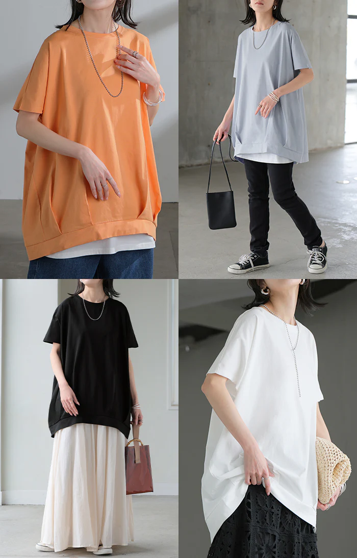Tシャツ 接触冷感 タック レディース トップス ■一部7月下旬入荷 涼しい 薄手 半袖 カットソー ロング ティーシャツ チュニック ビッグ プラスサイズ クルーネック 長い ゆる ドルマン フレンチスリーブ 無地 体型カバー お尻が隠れる おしゃれ 白 黒 春 夏 HUG.U メール便 - Image 22